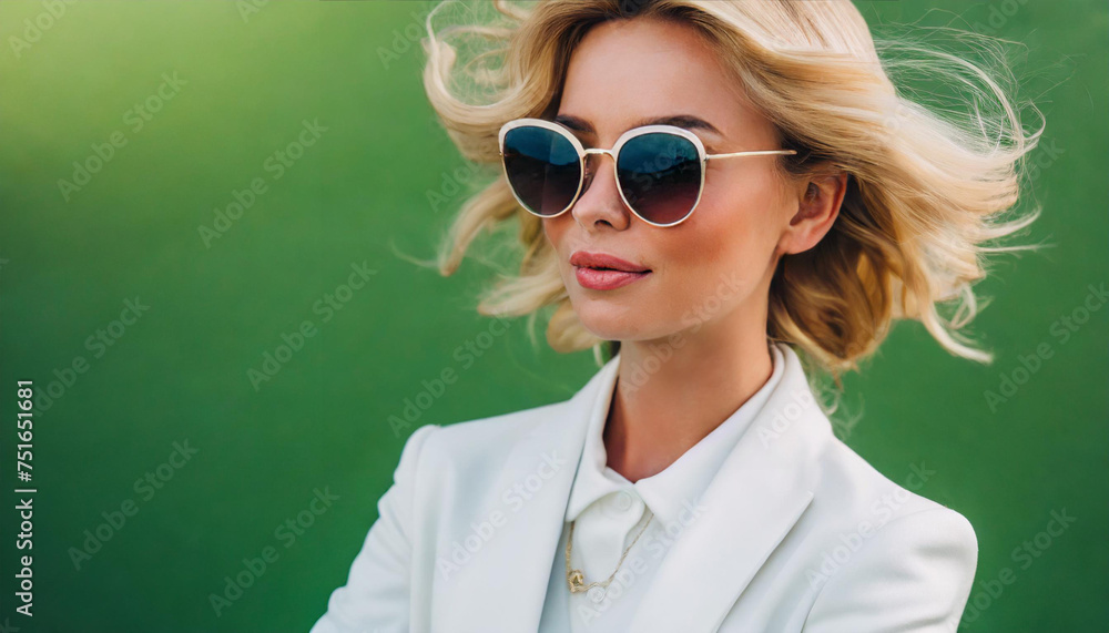 Fashionable blonde woman in white suit and sunglasses on green background Fashionable blonde woman in white suit and sunglasses on green background