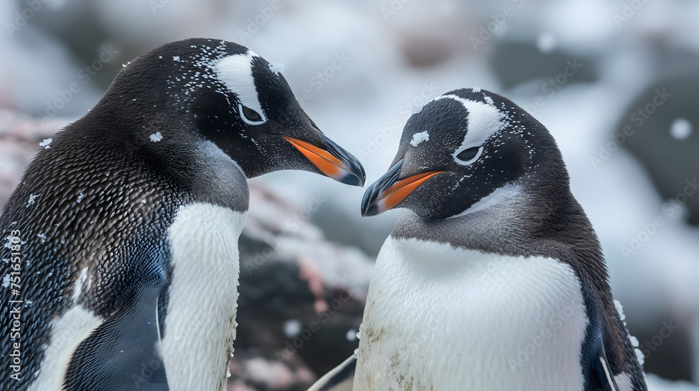 Obraz premium Gentle Embrace of Two Penguins Amidst Snowflakes
