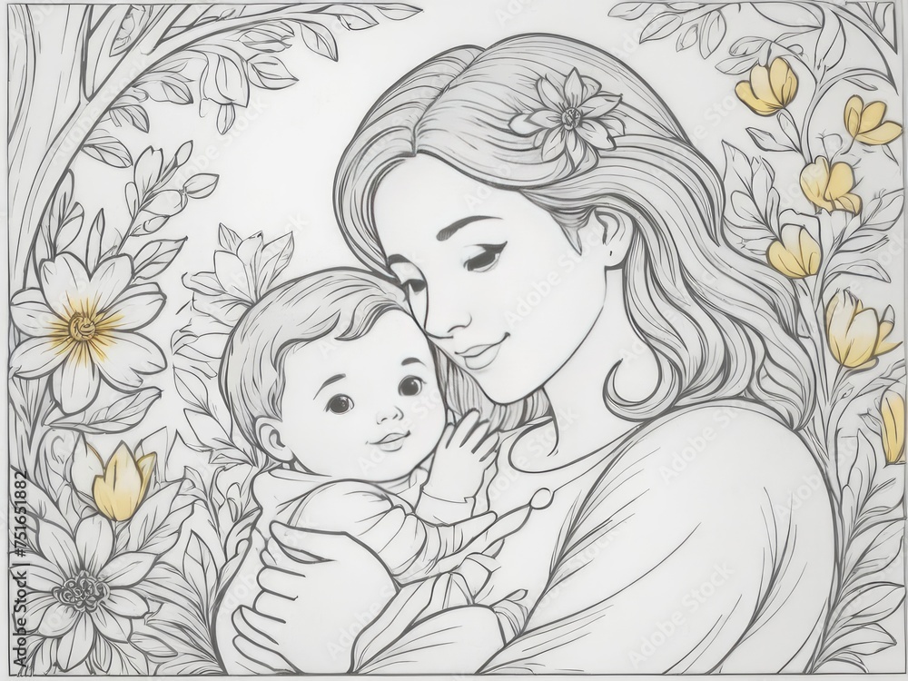Illustration of a mother holding baby son in her arms Illustration of a mother holding baby son in her arms