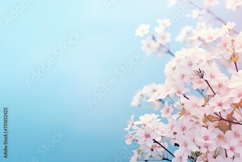 Small white flowers on a toned on gentle soft blue and pink background outdoors close-up macro . Spring summer border template floral background. Light air delicate artistic . generative ai photo