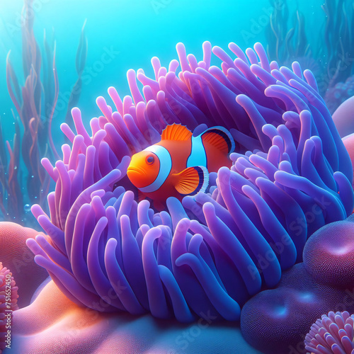 underwater close-up of a colorful clownfish, Amphiprion ocellaris clownfish in marine aquarium.purple plants close-up. Colorful pattern, texture, wallpaper, panoramic underwater view, AI Generated