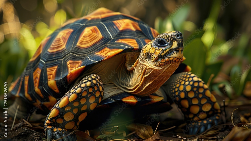 A vibrant tortoise with intricate shell patterns amidst foliage A vibrant tortoise with intricate shell patterns amidst foliage