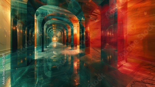 Vibrant abstract digital art of an endless hallway with a blend of warm and cool tones