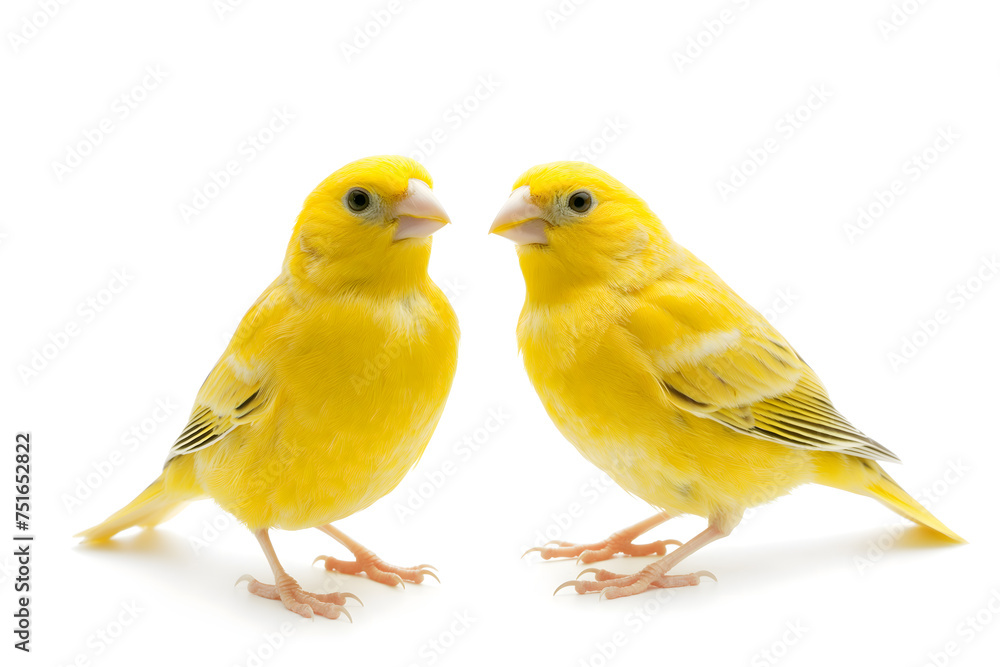 A Pair of Vibrant Yellow Canaries Side-by-Side on White Background