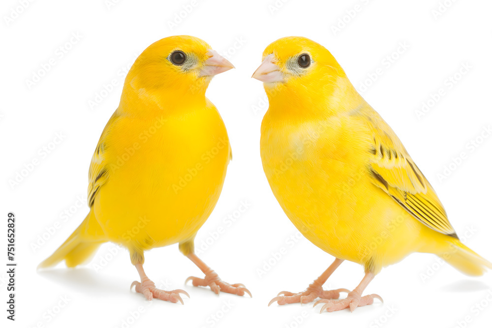 A Pair of Vibrant Yellow Canaries Side-by-Side on White Background A Pair of Vibrant Yellow Canaries Side-by-Side on White Background