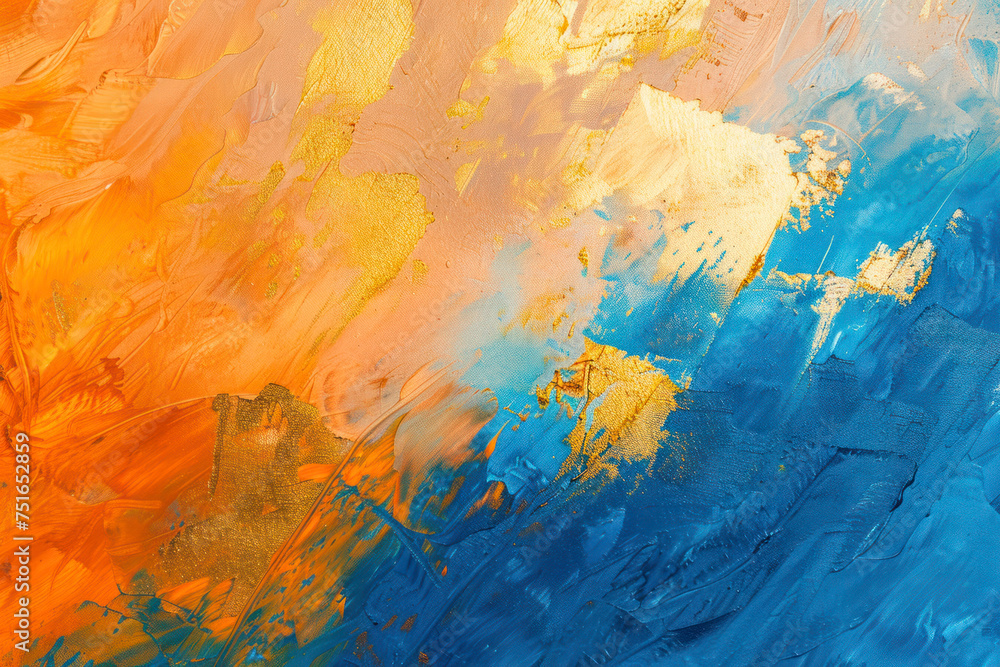 Modern abstract oil painting art design. Orange, gold, blue.