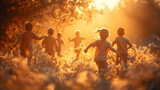 Children Playing in a Sunset-lit Field