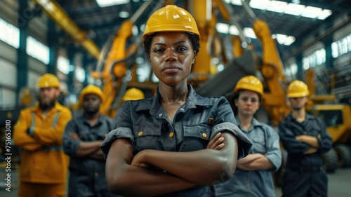 group portrait of construction workers with background of excavation machinery aigx04