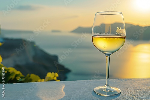 a glass of wine on a ledge overlooking a body of water