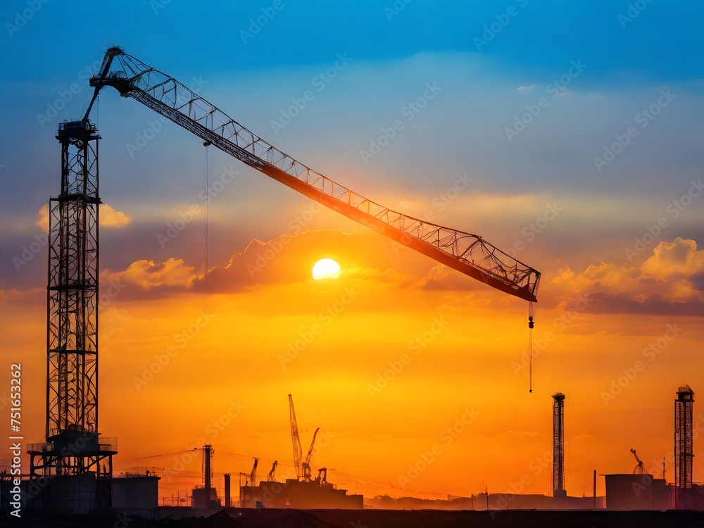 Silhouette of a crane against a fiery sunset sky at a construction site