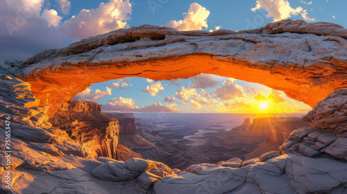 Panoramic view of famous Mesa Arch, iconic symbol of the American West, illuminated golden in beautiful morning light on a sunny day with blue sky and clouds, Canyonlands National Park, Utah, USA. © Matthew