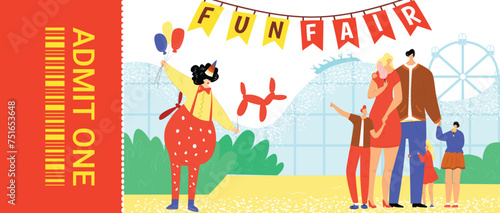 Family two kids clown funfair. Parents children enjoy carnival, clown balloons. Amusement park vector illustration