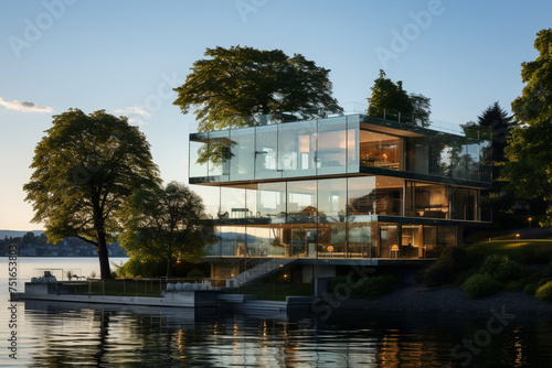 Residential building with glass walls on the banks of the river. Fully transparent house with furniture and interior lighting. © serperm73
