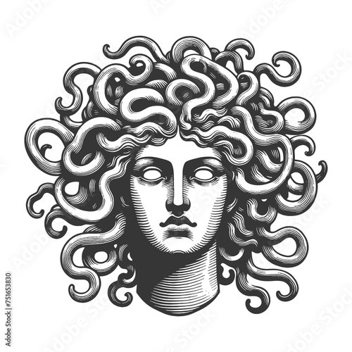 Medusa Gorgo head with snakes sketch engraving generative ai raster illustration. Scratch board imitation. Black and white image.