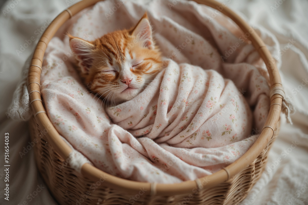 Little ginger cat sleeps in his bed