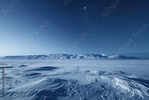 An icy tundra with snow drifts and a clear starry night sky