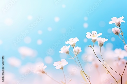 Small white flowers on a toned on gentle soft blue and pink background outdoors close-up macro . Spring summer border template floral background. Light air delicate artistic . generative ai photo