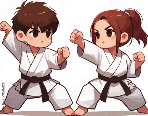 Kids in kimono training taekwondo sparring 