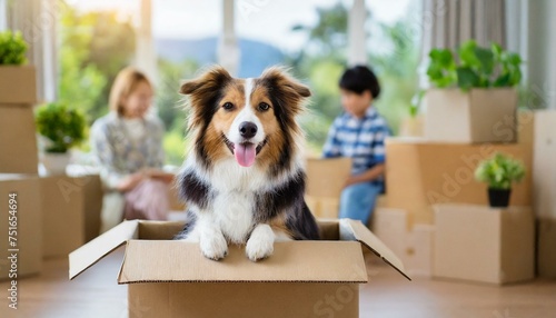 Family with kids and pets moving to new home. Cute dog sitting in cardboard box. Moving to new home, packing and unpacking boxes, relocation, renovation, removals and delivery service concept photo