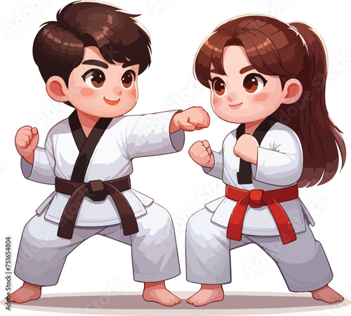 Karate kids in kimono training taekwondo 