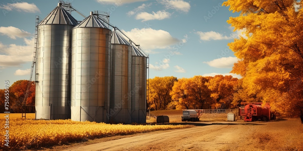 fall autumn grain silos - obrazy, fototapety, plakaty 