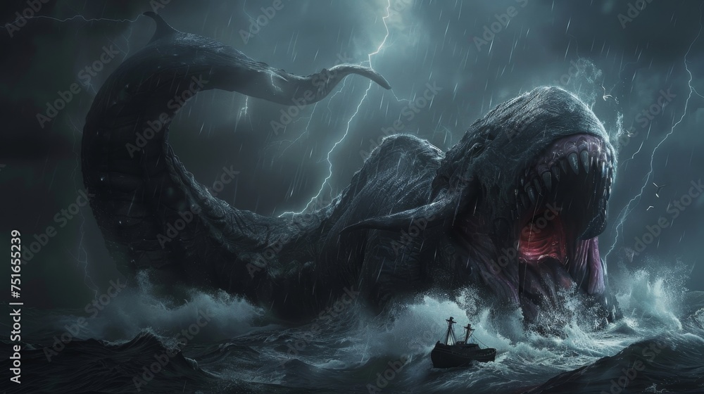 3D flat Leviathan dark sea monsters wrath - obrazy, fototapety, plakaty 
