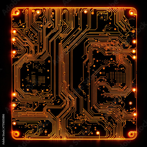 a circuit board with glowing red and gold lines on dark background. ai generative