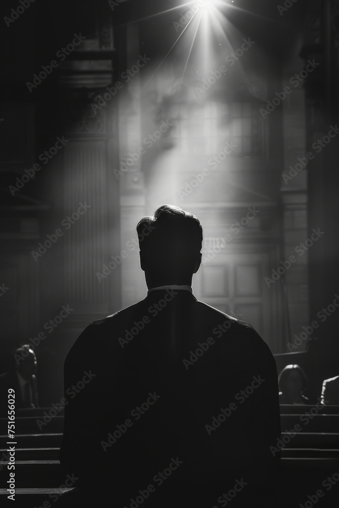 Judge silhouette dark courtroom drama - obrazy, fototapety, plakaty 