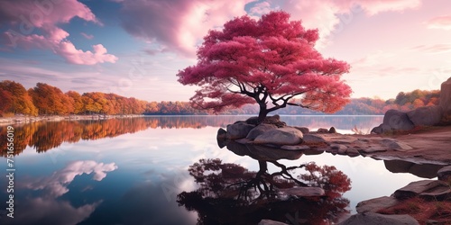 Vibrant pink foliage of a lone tree stands on a small rocky island, reflected in the calm lake © Sanych