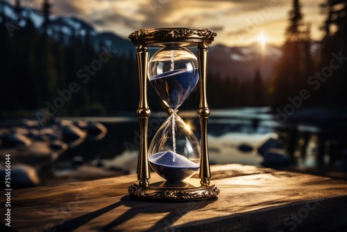 Close up of a golden hourglass on a table, Golden hourglass illustration, dark background, time concept. Generative AI