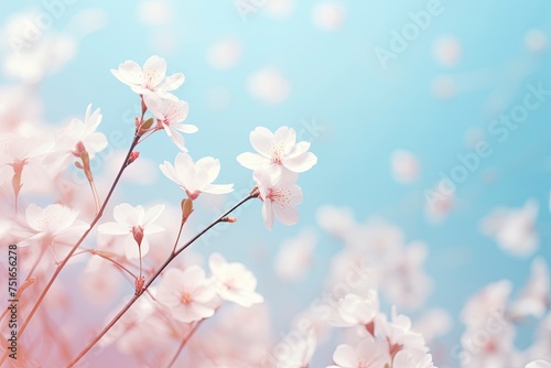 Small white flowers on a toned on gentle soft blue and pink background outdoors close-up macro . Spring summer border template floral background. Light air delicate artistic . generative ai © Fathor