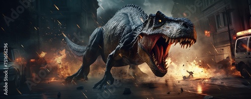 Tyrannosaurus Rex dinosaur. Destruction of city street. Dangerous monster attacks. 3D Prehistoric mayhem