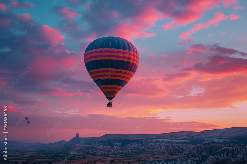 Colorful hot air balloon flight at sunrise.