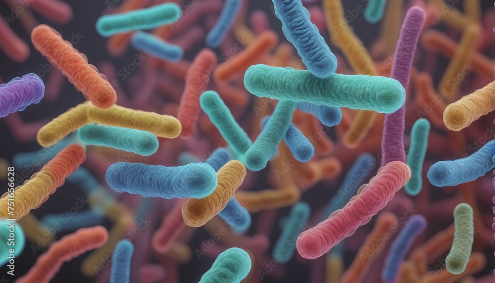Fototapeta premium Close-up of differently colored prokaryotes for example Escherichia coli bacteria