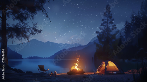 Family enjoys a serene camping night by a lake under starry skies. photo