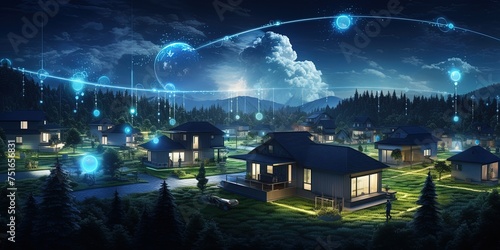 A peace ful digital suburban community, smart homes and digital community. DX, Iot, digital network in society concept. suburban houses at night.