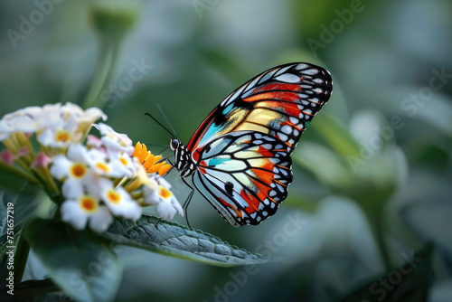 A butterfly with a colorful wing and a flower