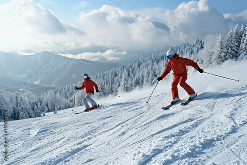 A couple skiing on a snowy slope with goggles and skis