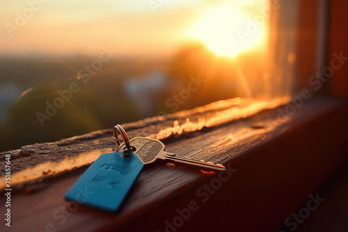 A keychain with a bronze key and a blue tag lying on a windowsill of a brown house with a red roof