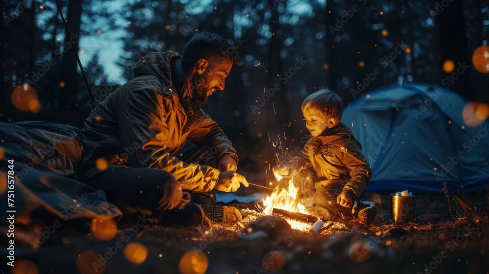 Father-son bonding during nighttime camping adventure. Concept Father's Day.