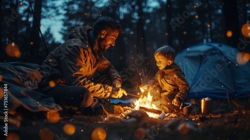 Father-son bonding during nighttime camping adventure. Concept Father's Day.