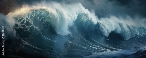 Giant tsunami waves, dark stormy sky. Perfect Storm. Huge waves Tsunami Big waves photo