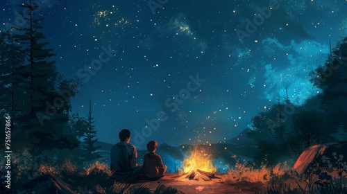 Father and child enjoy starry night while camping.