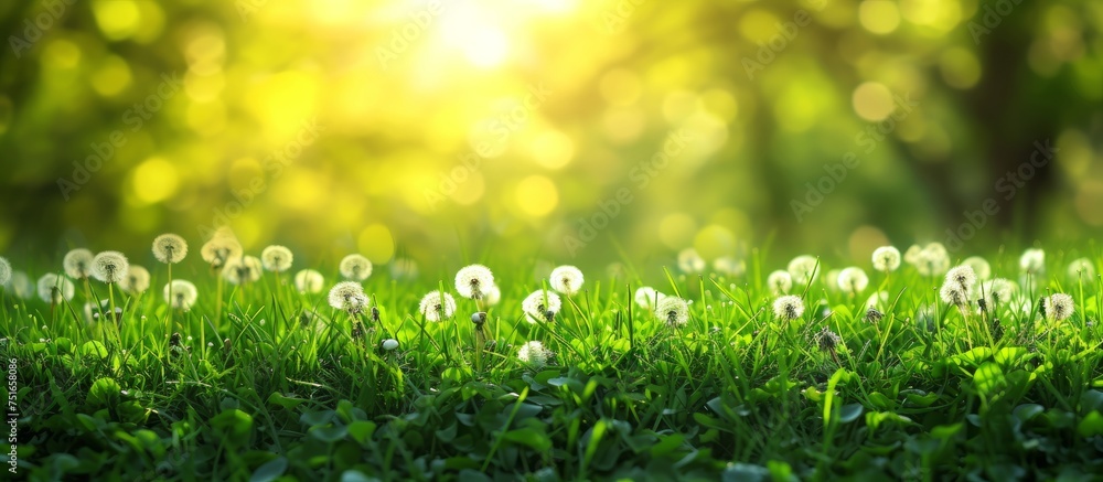 Beautiful dandelions in the grass with sunlight shining through, creating a serene and peaceful atmosphere