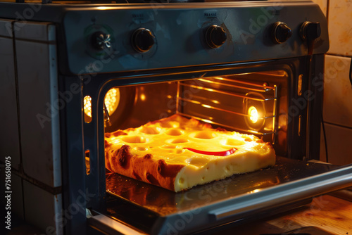 A oven with a face made of cheese and knob