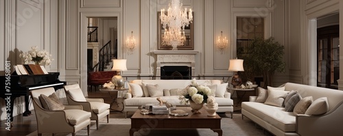A warm and inviting living room, complete with a grand chandelier, cozy furniture, and an abundance of elegant details from the molding to the vase, creating a beautiful and inviting atmosphere © Sanych