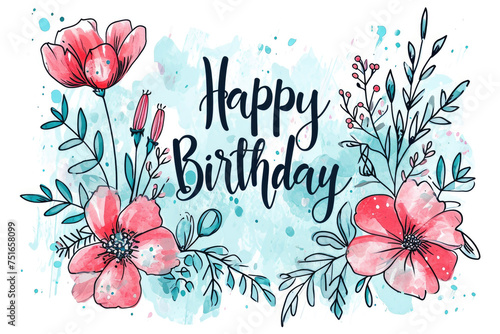 A birthday card with the words "Happy Birthday" on it, in the style of sketch, with a cute and adorable look