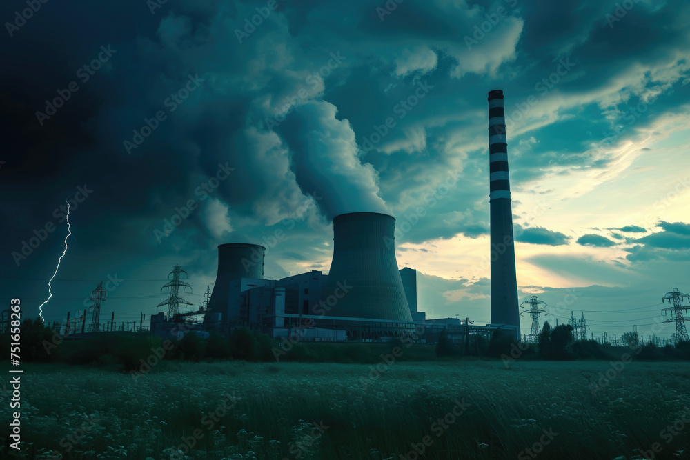 A power plant with a smokestack and a lightning A power plant with a smokestack and a lightning