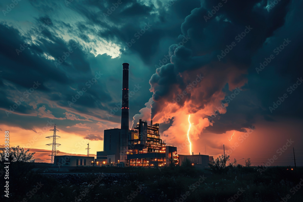 A power plant with a smokestack and a lightning