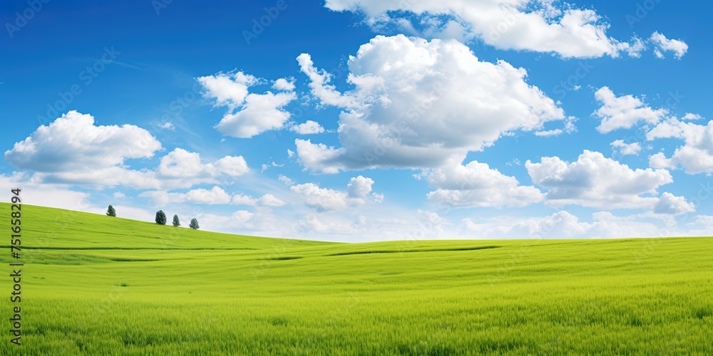 Beautiful grassy fields and summer blue sky with fluffy white clouds in the wind. Wide format. - obrazy, fototapety, plakaty 